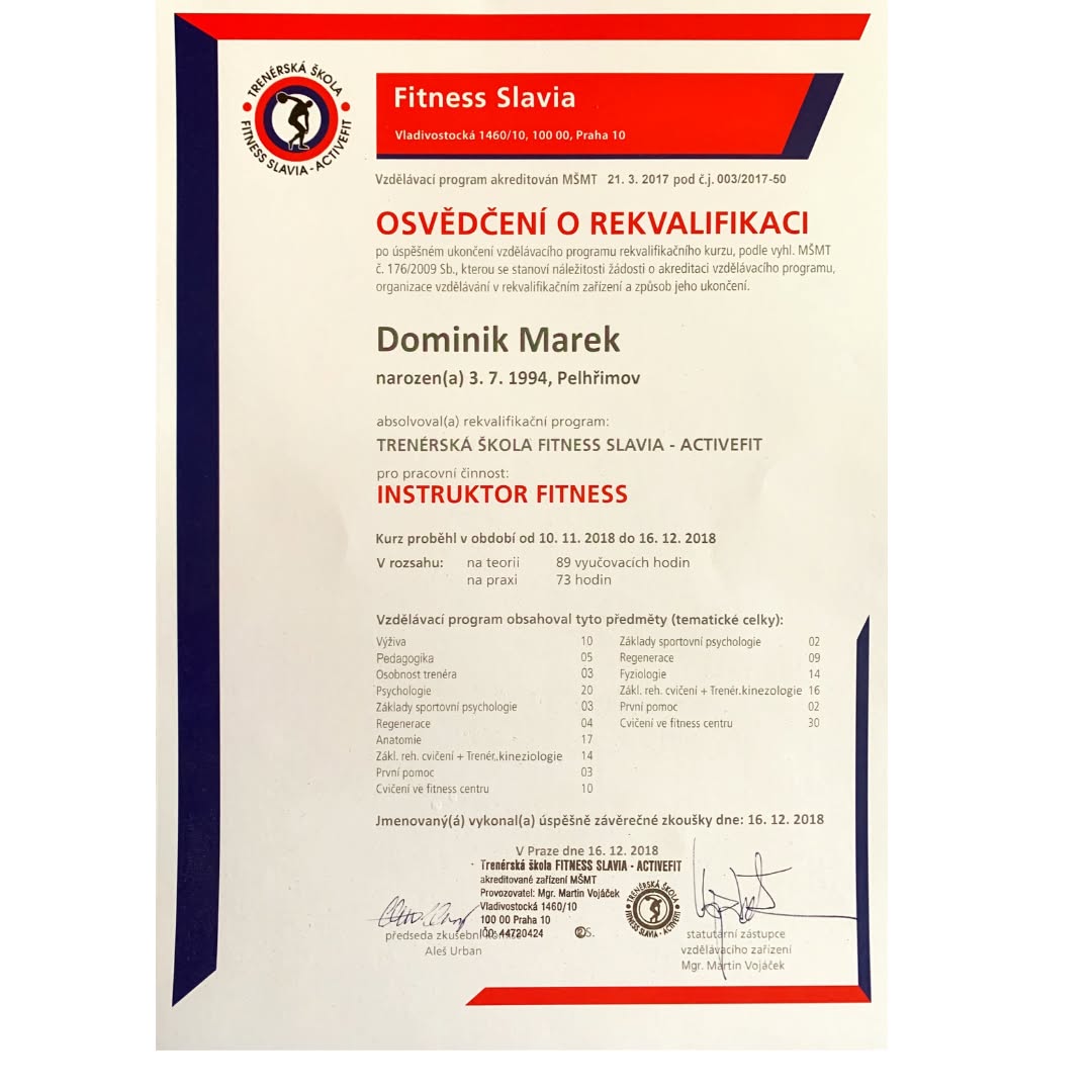 Osvědčení o rekvalifikaci — Instruktor fitness