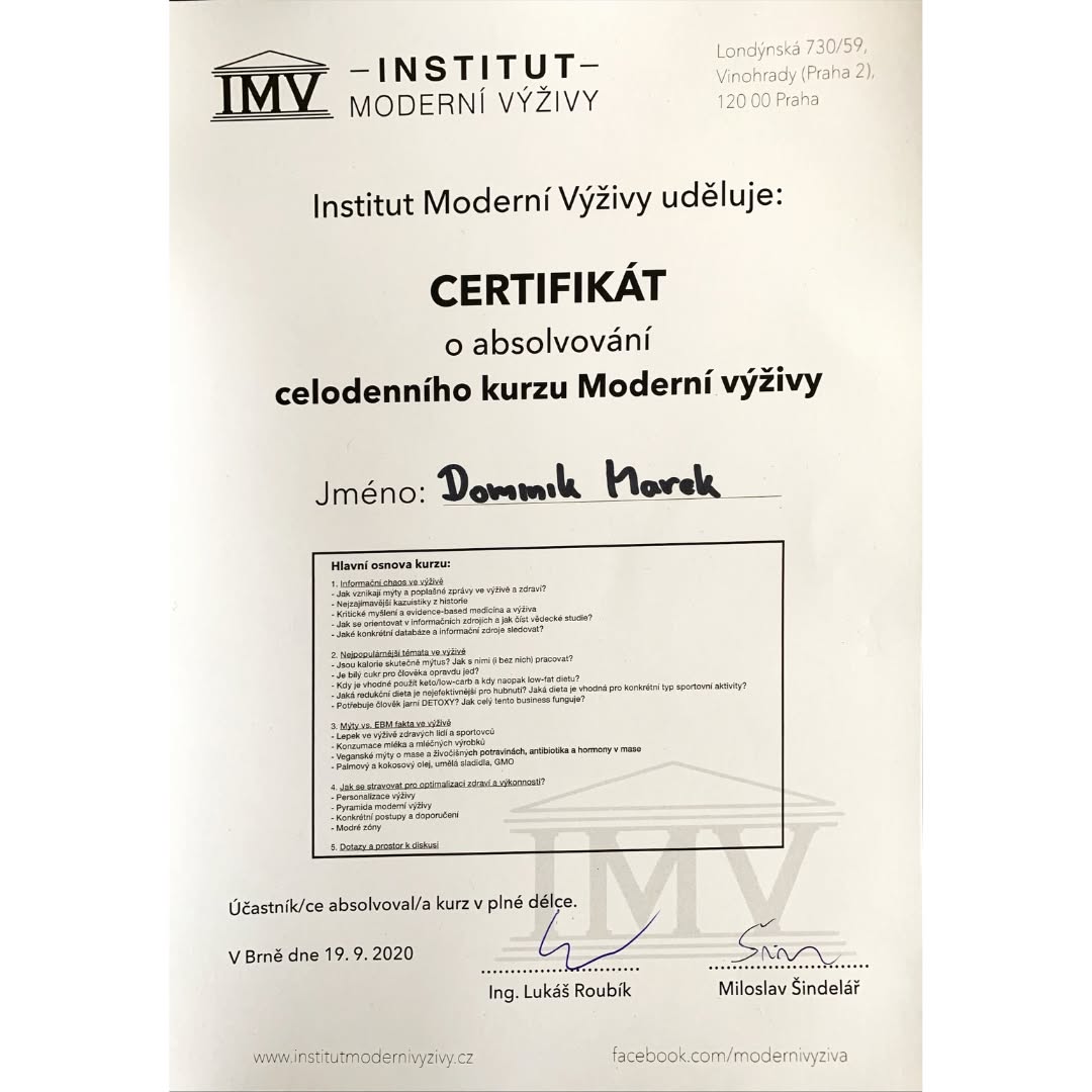 Certifikát — Kurz moderní výživy